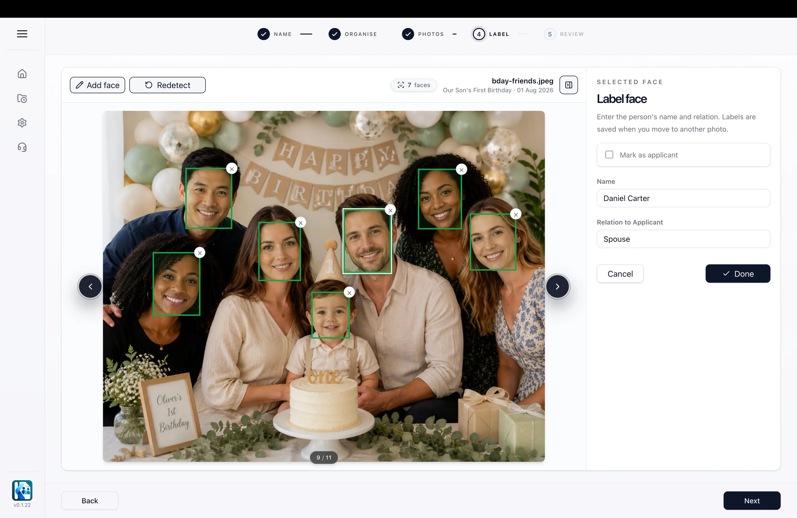 KinVisa’s labelling screen, showing names and relationships assigned to people in a demonstration photo.