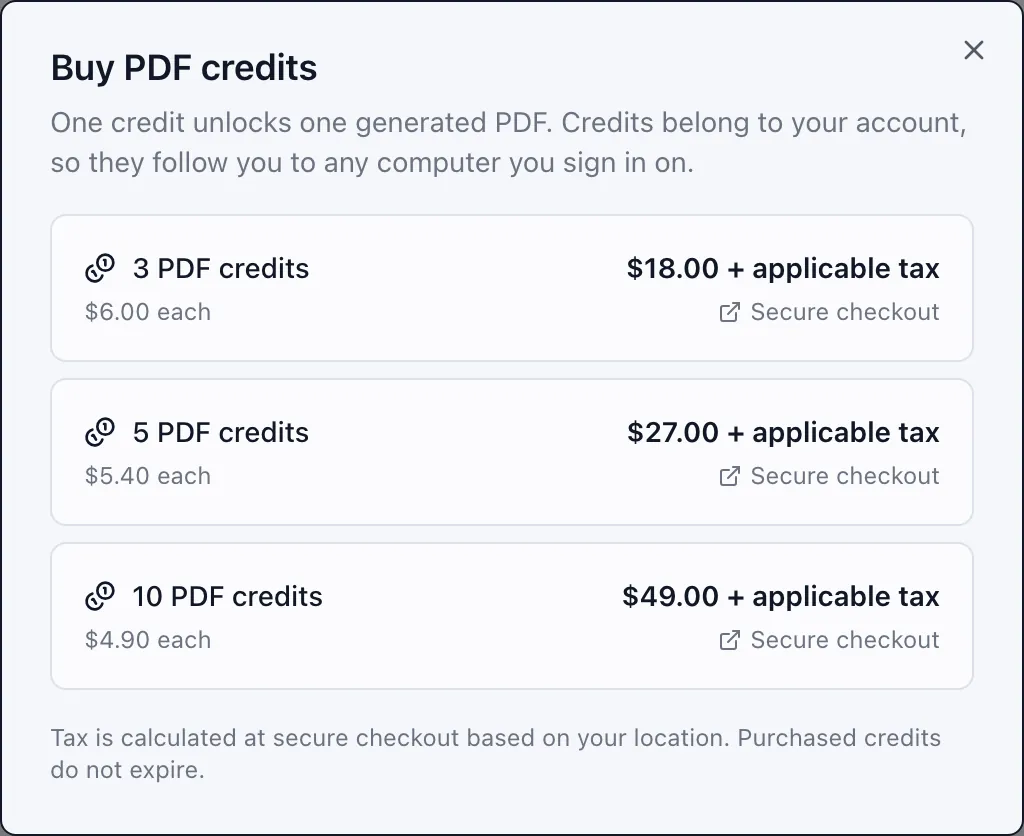 The Buy PDF credits dialog in KinVisa, listing the 3, 5 and 10 credit packs with their prices